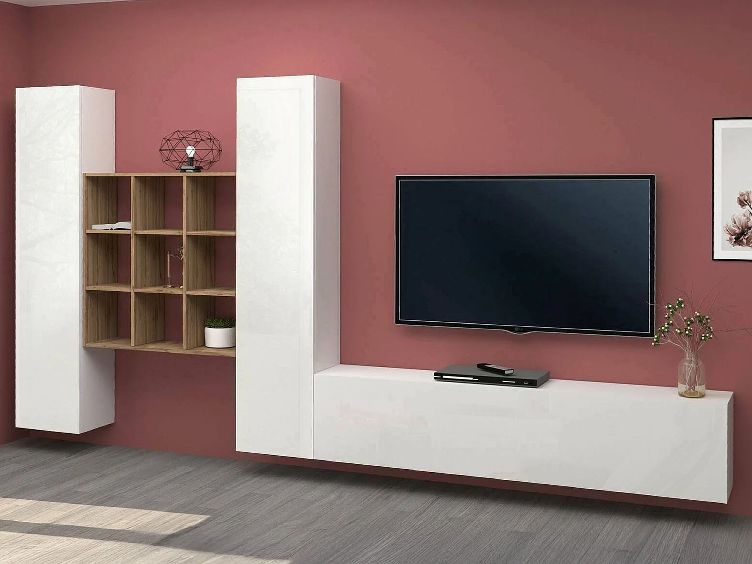 Dmora Wandmeubel Denis 30x270x180h cm Hoogglans Wit 18 Planken Klap- en Draaideur, 21 Nissen Made in Italy