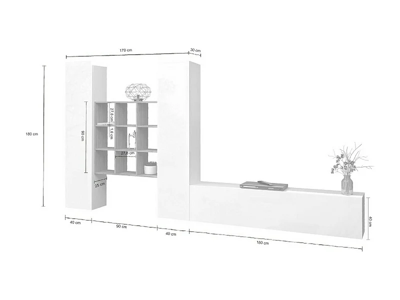 Móvel de parede Denis, conjunto de sala de TV com 3 portas, móveis de sala multiuso, 100% fabricado na Itália, 270x30h180 cm, branco brilhante e bordo