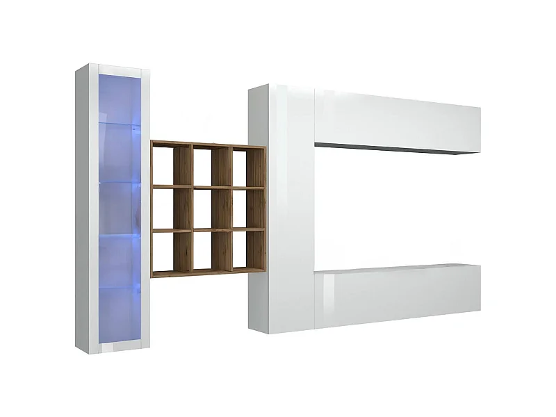 Parete attrezzata Emilio, Set salotto porta TV a 4 ante, Mobile soggiorno multiuso con vetrina e luce LED, 100% Made in Italy, cm 310x30h180, Bianco lucido e Acero