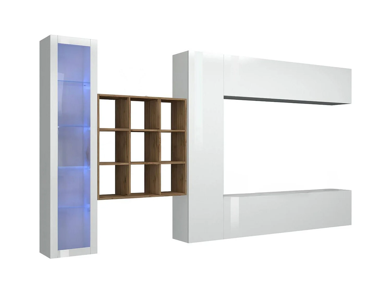 Parete attrezzata Emilio, Set salotto porta TV a 4 ante, Mobile soggiorno multiuso con vetrina e luce LED, 100% Made in Italy, cm 310x30h180, Bianco lucido e Acero