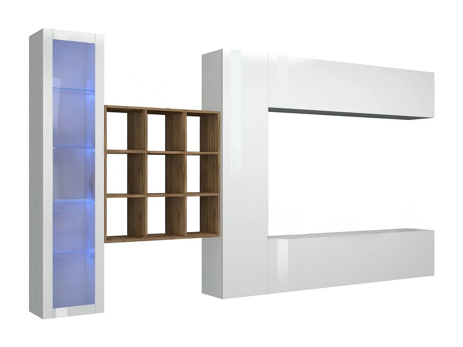 Parete attrezzata Emilio, Set salotto porta TV a 4 ante, Mobile soggiorno multiuso con vetrina e luce LED, 100% Made in Italy, cm 310x30h180, Bianco lucido e Acero