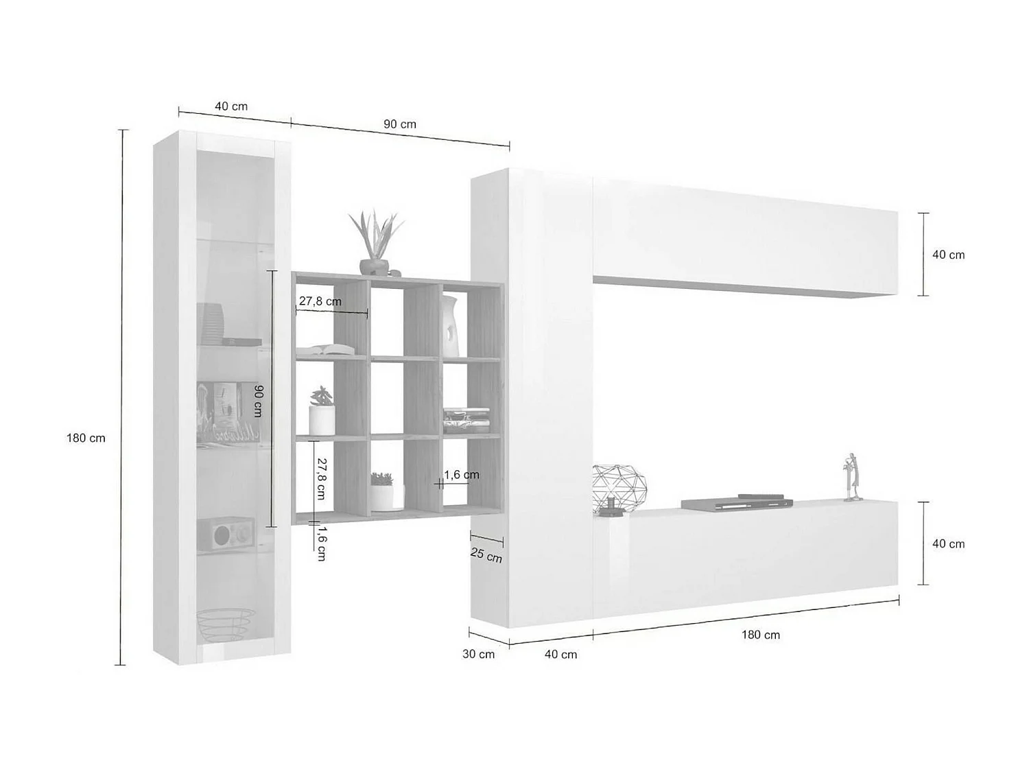 Élément mural Emilio, meuble TV 4 portes, Meuble de salon polyvalent avec vitrine et lumière LED, 100% Made in Italy, 310x30h180 cm, Blanc brillant et érable