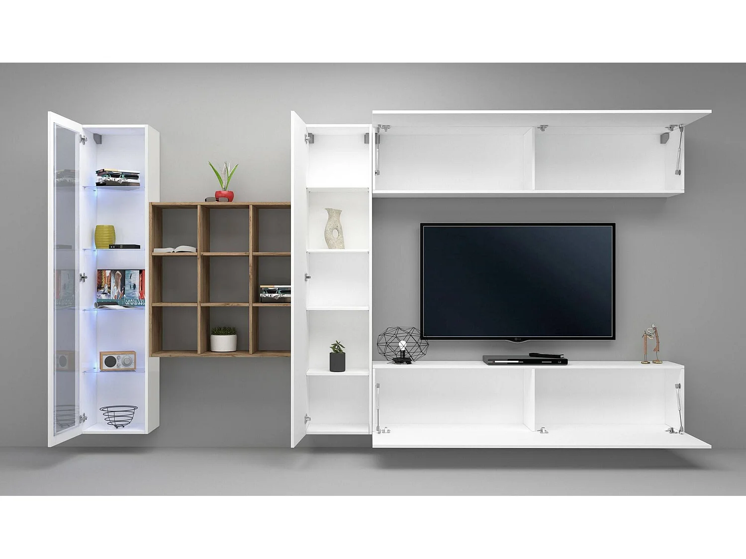 Élément mural Emilio, meuble TV 4 portes, Meuble de salon polyvalent avec vitrine et lumière LED, 100% Made in Italy, 310x30h180 cm, Blanc brillant et érable