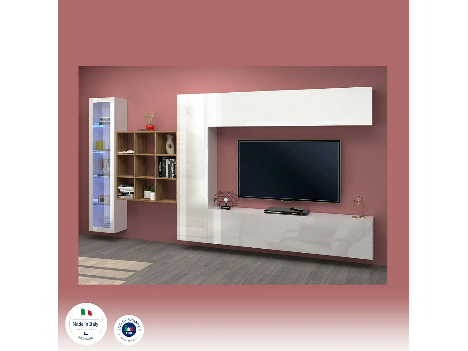 Élément mural Emilio, meuble TV 4 portes, Meuble de salon polyvalent avec vitrine et lumière LED, 100% Made in Italy, 310x30h180 cm, Blanc brillant et érable