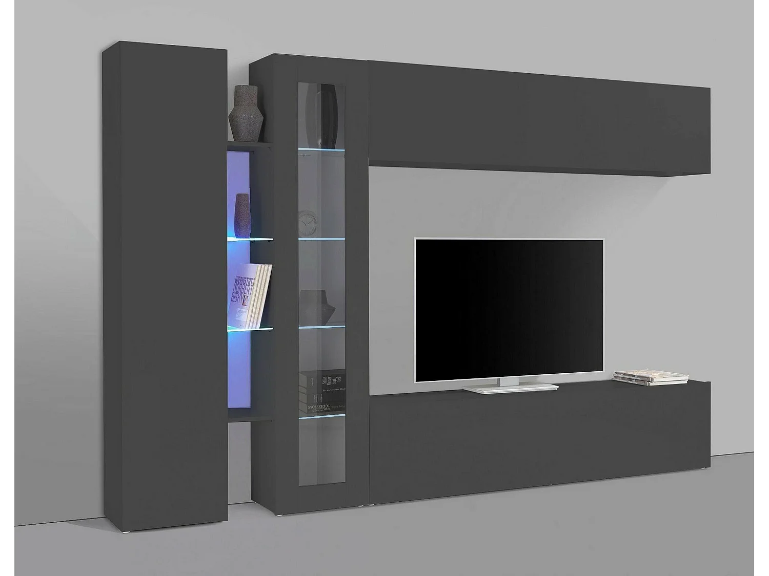 Système mural Costante, meuble TV 4 portes, meuble de salon polyvalent, 100% Made in Italy, 280x30x180 cm, Anthracite