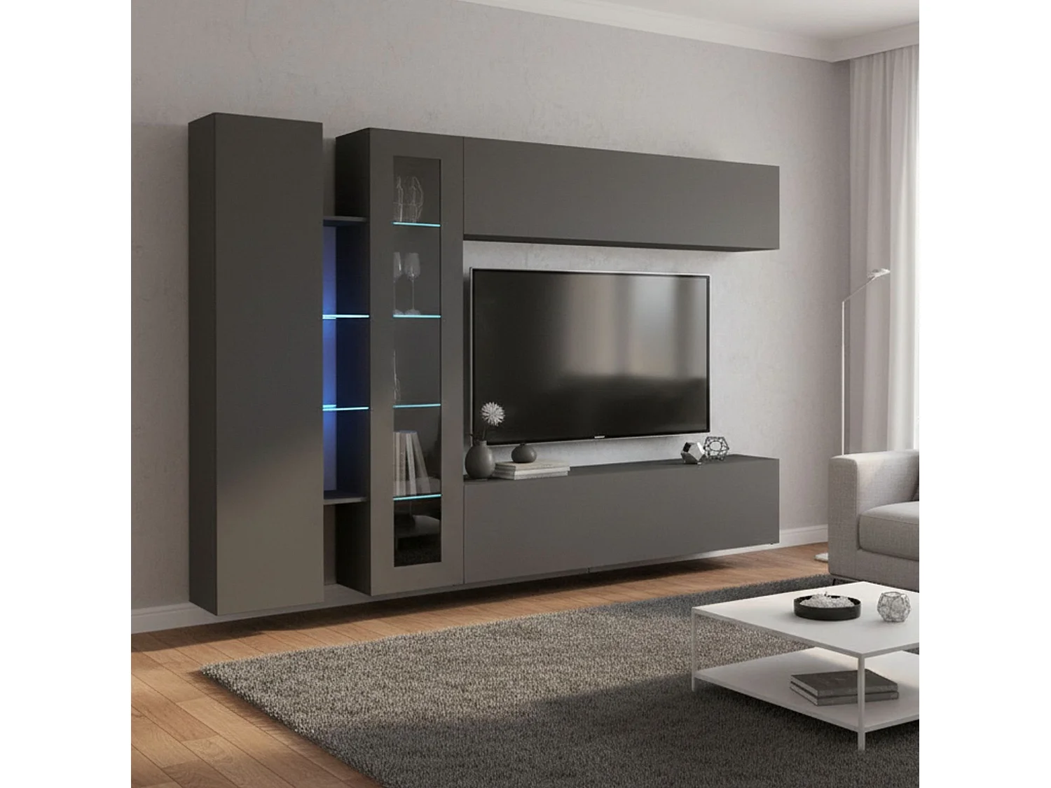 Système mural Costante, meuble TV 4 portes, meuble de salon polyvalent, 100% Made in Italy, 280x30x180 cm, Anthracite