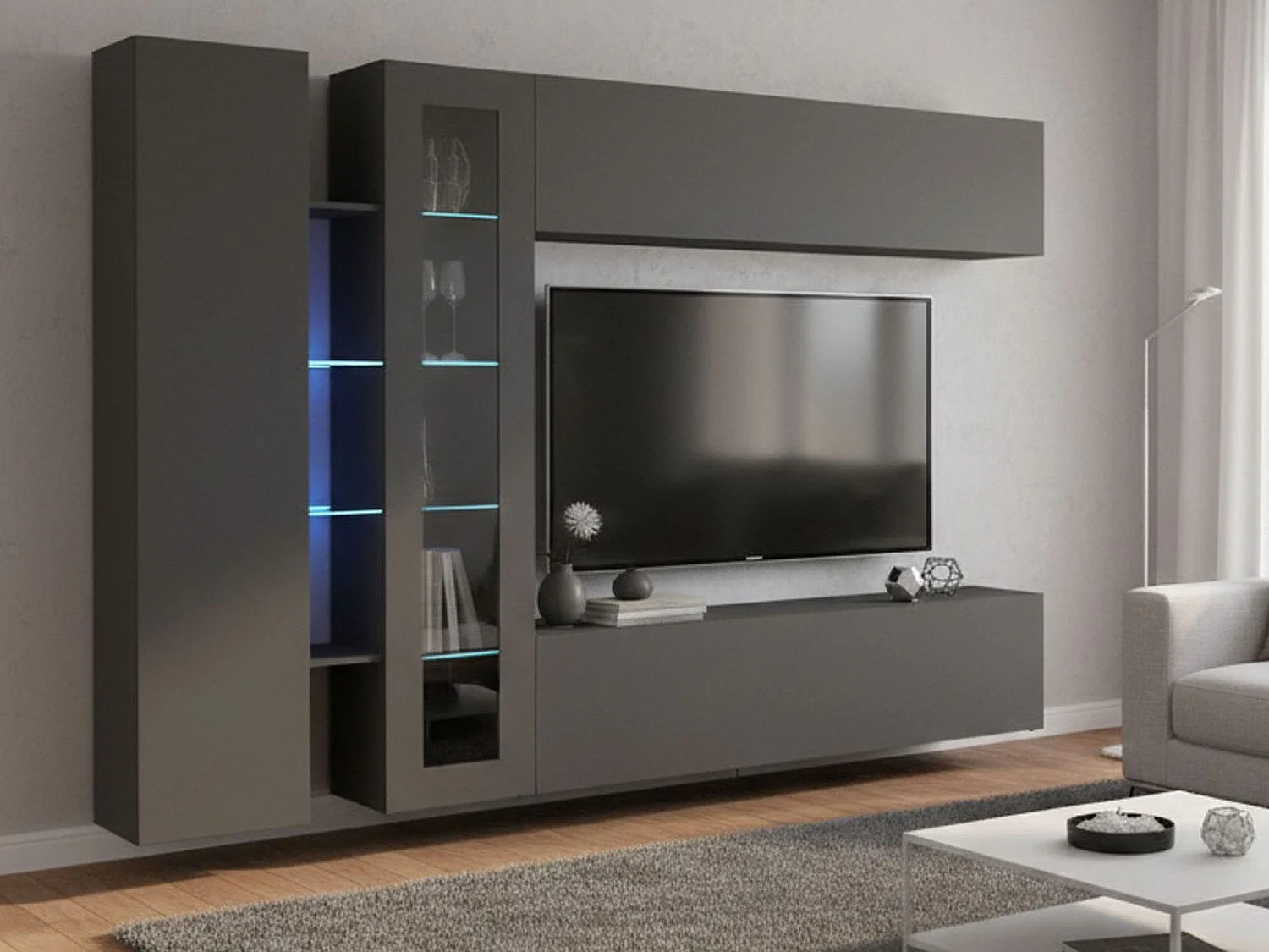 Système mural Costante, meuble TV 4 portes, meuble de salon polyvalent, 100% Made in Italy, 280x30x180 cm, Anthracite