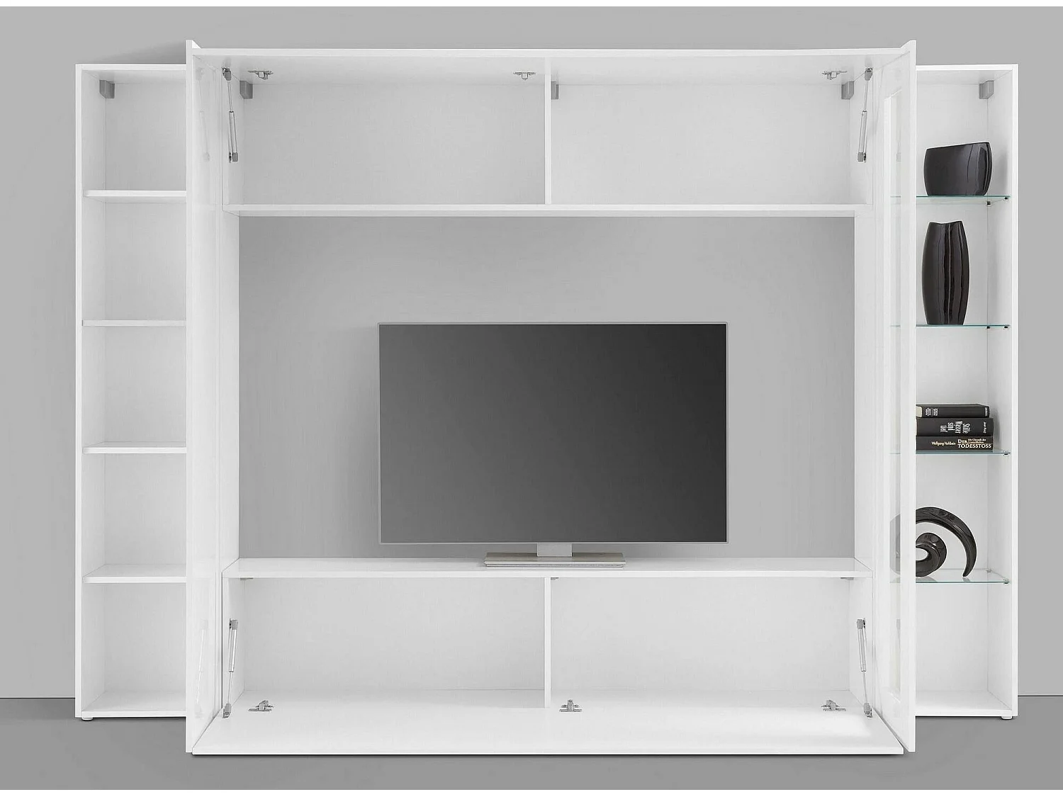 Parete attrezzata Luigi, Set salotto porta TV a 4 ante, Mobile soggiorno multiuso, 100% Made in Italy, cm 260x30h180, Bianco lucido, con luce LED blu ed una vetrina