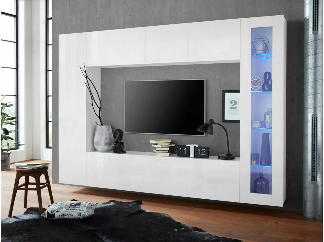 Kauf Unique Wohnzimmermöbel Luigi, Wohnzimmer-Set TV-Möbel mit 4 Türen, Mehrzweck-Wohnmöbel, 100 % Made in Italy, cm 260x30h180, weiß glänzend, mit blauem LED-Licht und einer Vitrine