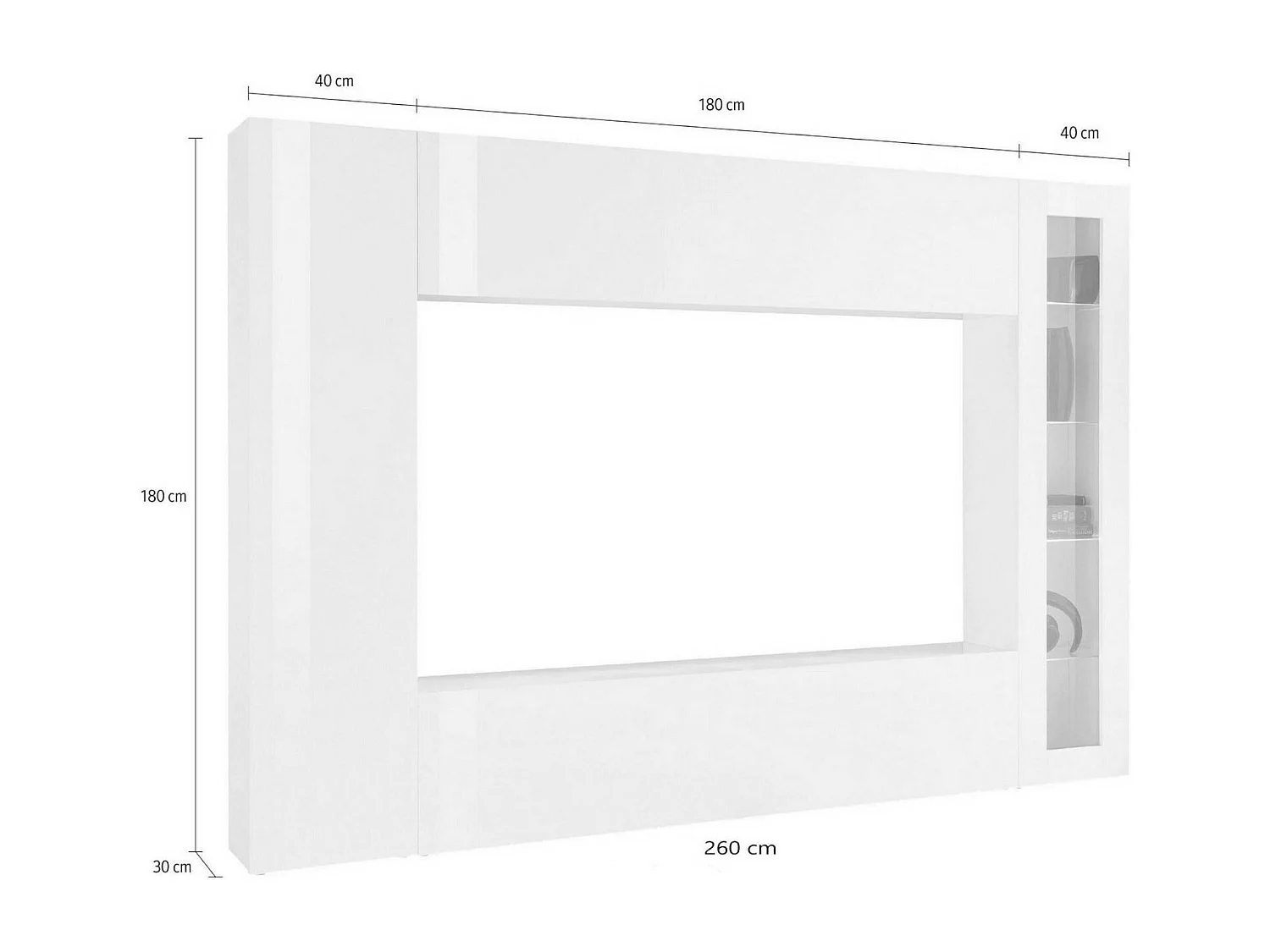 Dmora Wandmeubel Luigi 30x260x180h cm Wit Glans 11 Planken Deur- en Klepopeningen, 4 Deuren Made in Italy