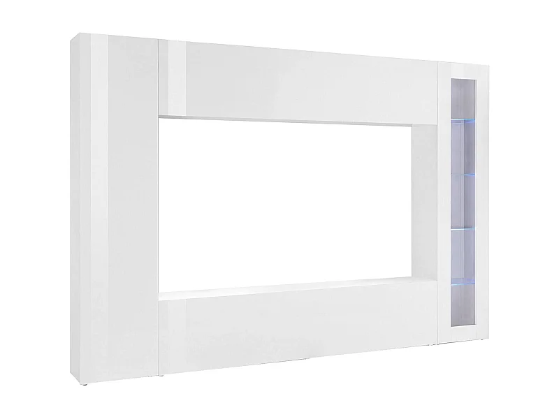 Móvel de parede Luigi, móvel de sala de TV de 4 portas, mobiliário de sala multiuso, 100% Made in Italy, 260x30h180 cm, branco brilhante, com luz LED azul e vitrine