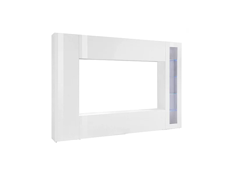 Parete attrezzata Luigi, Set salotto porta TV a 4 ante, Mobile soggiorno multiuso, 100% Made in Italy, cm 260x30h180, Bianco lucido, con luce LED blu ed una vetrina