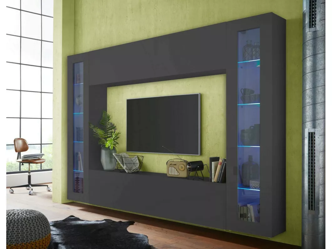 Kauf Unique Wohnzimmermöbel Giuliano, Wohnzimmer-Set TV-Möbel mit 4 Türen, Mehrzweck-Wohnzimmermöbel mit Vitrine und LED-Licht, 100% Made in Italy, cm 260x30h180, Anthrazit