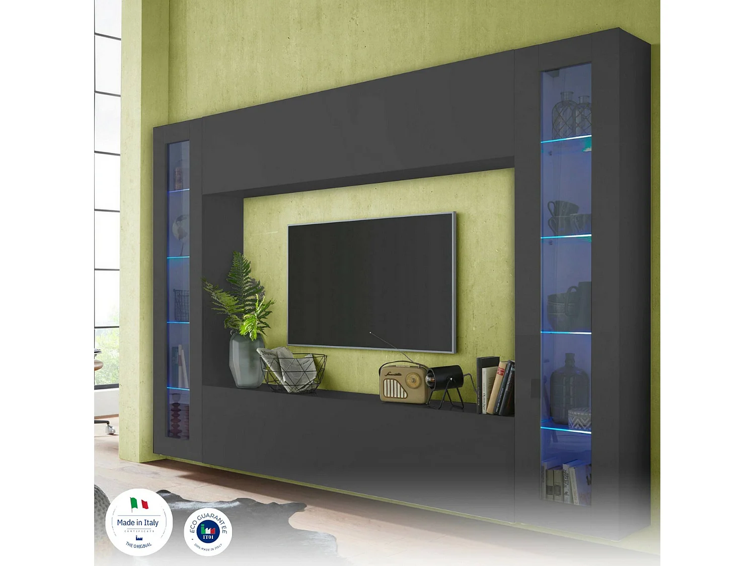 Élément mural Giuliano, meuble TV 4 portes, meuble de salon polyvalent avec vitrine et lumière LED, 100% Made in Italy, 260x30h180 cm, Anthracite