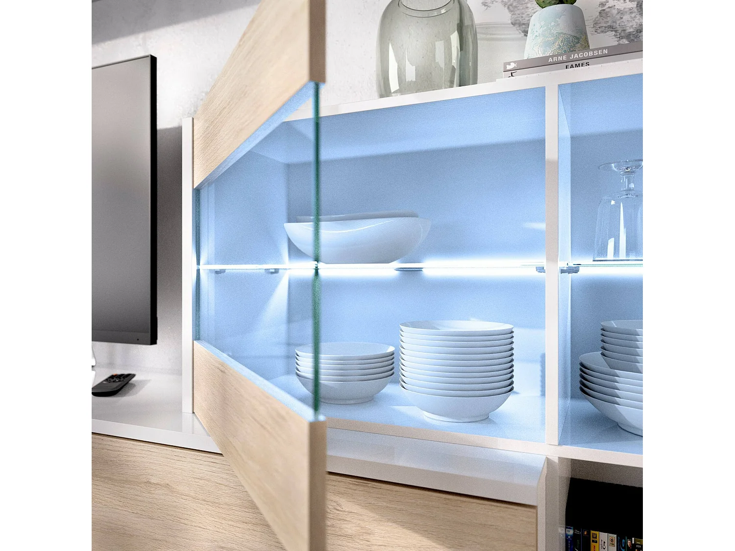 Système mural Adams, Ensemble de salon d'angle modulable, Meuble de salon multi-positions avec lumière LED, 260x41h180 cm, Chêne et Blanc