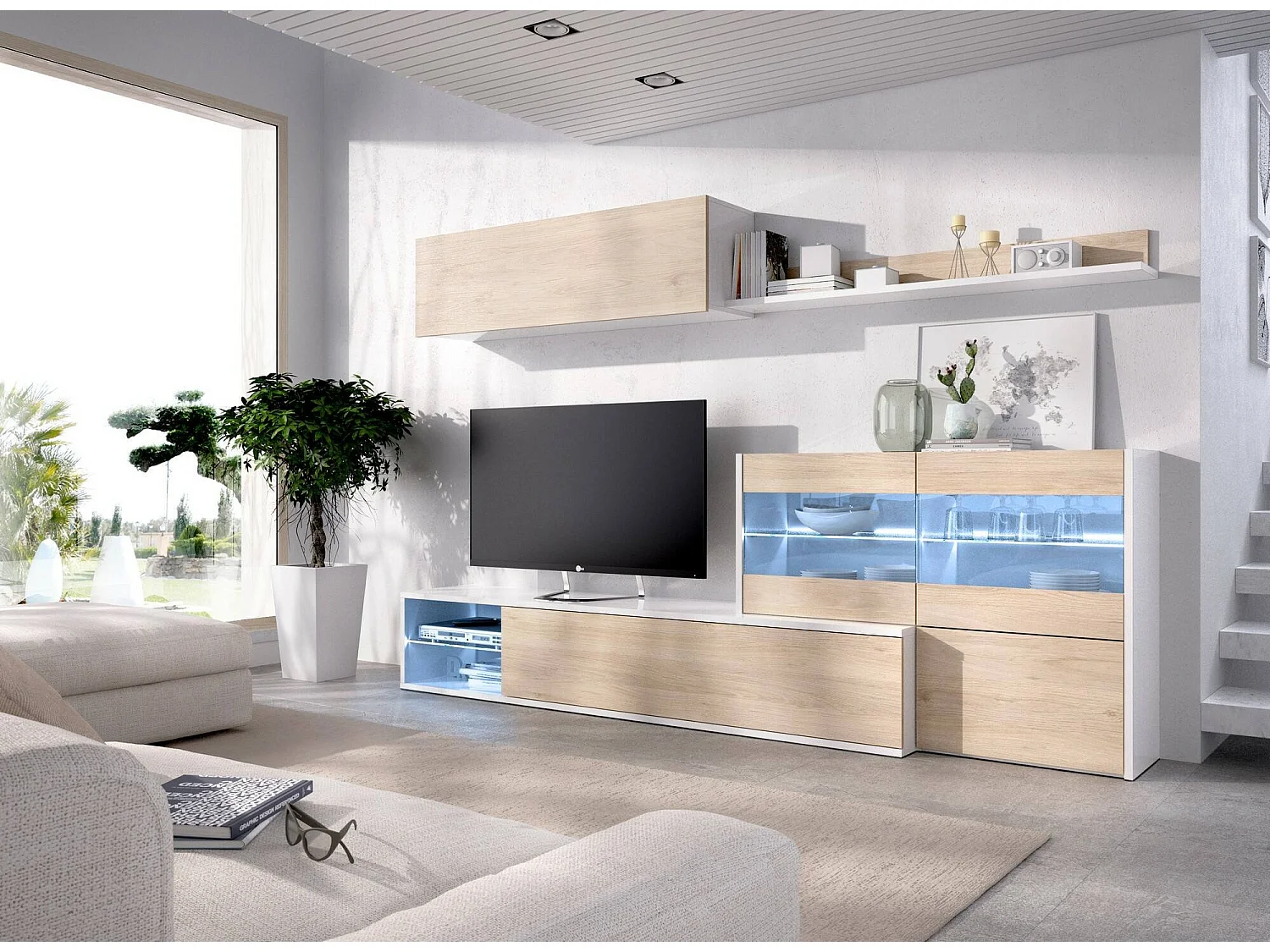 Dmora Wandkast Adams 41x260x180h cm Bruin Eiken Modulair 9 Planken, 5 Deuren