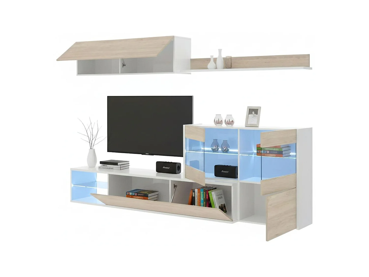 Sistema de parede Adams, Conjunto modular de sala de canto, Móveis de sala multiposições com luz LED, 260x41h180 cm, Carvalho e Branco