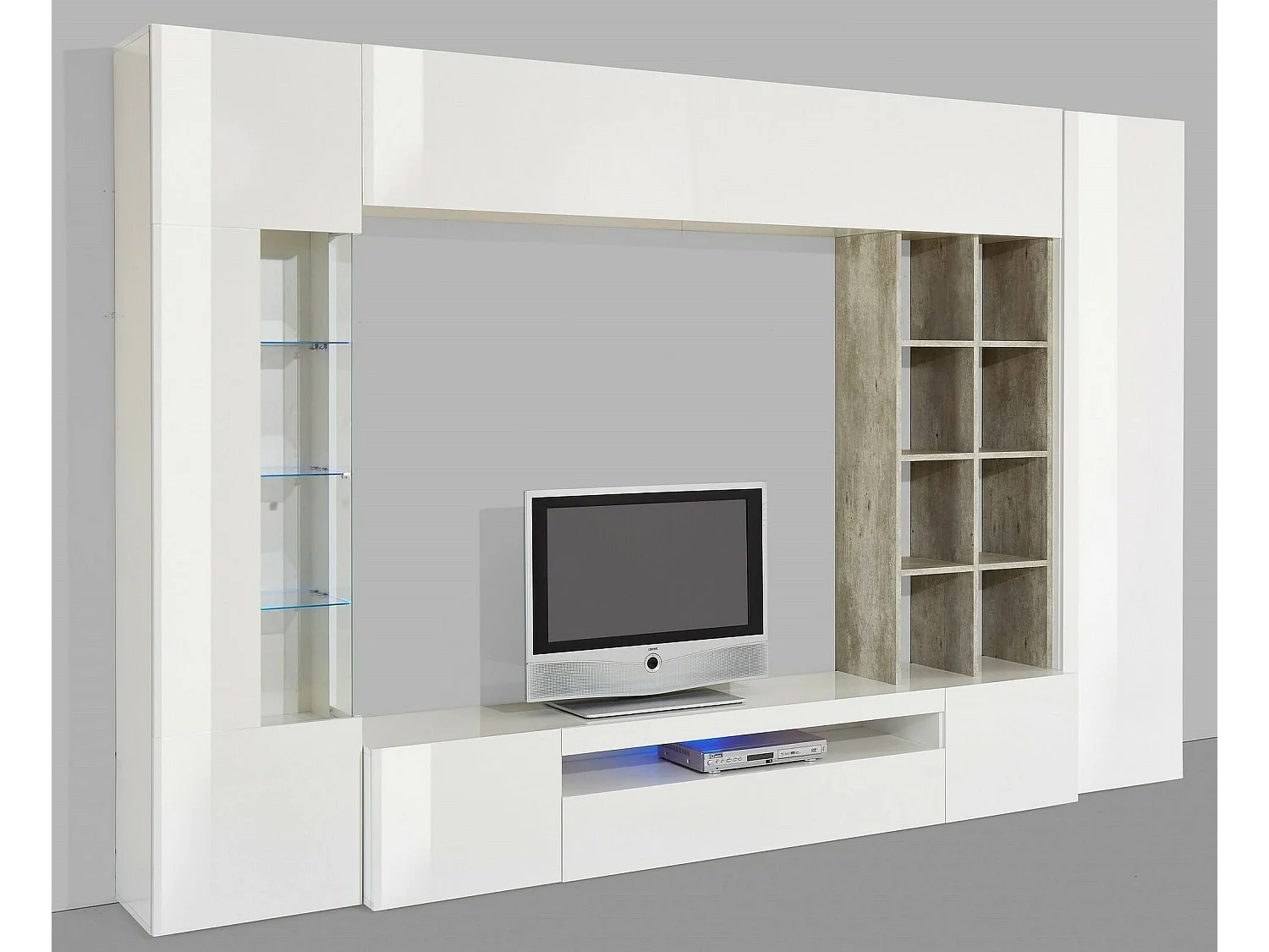 Unité murale Iago, ensemble de salon meuble TV, Meuble de salon polyvalent, 100% Made in Italy, 290x40h192 cm, Blanc brillant et béton