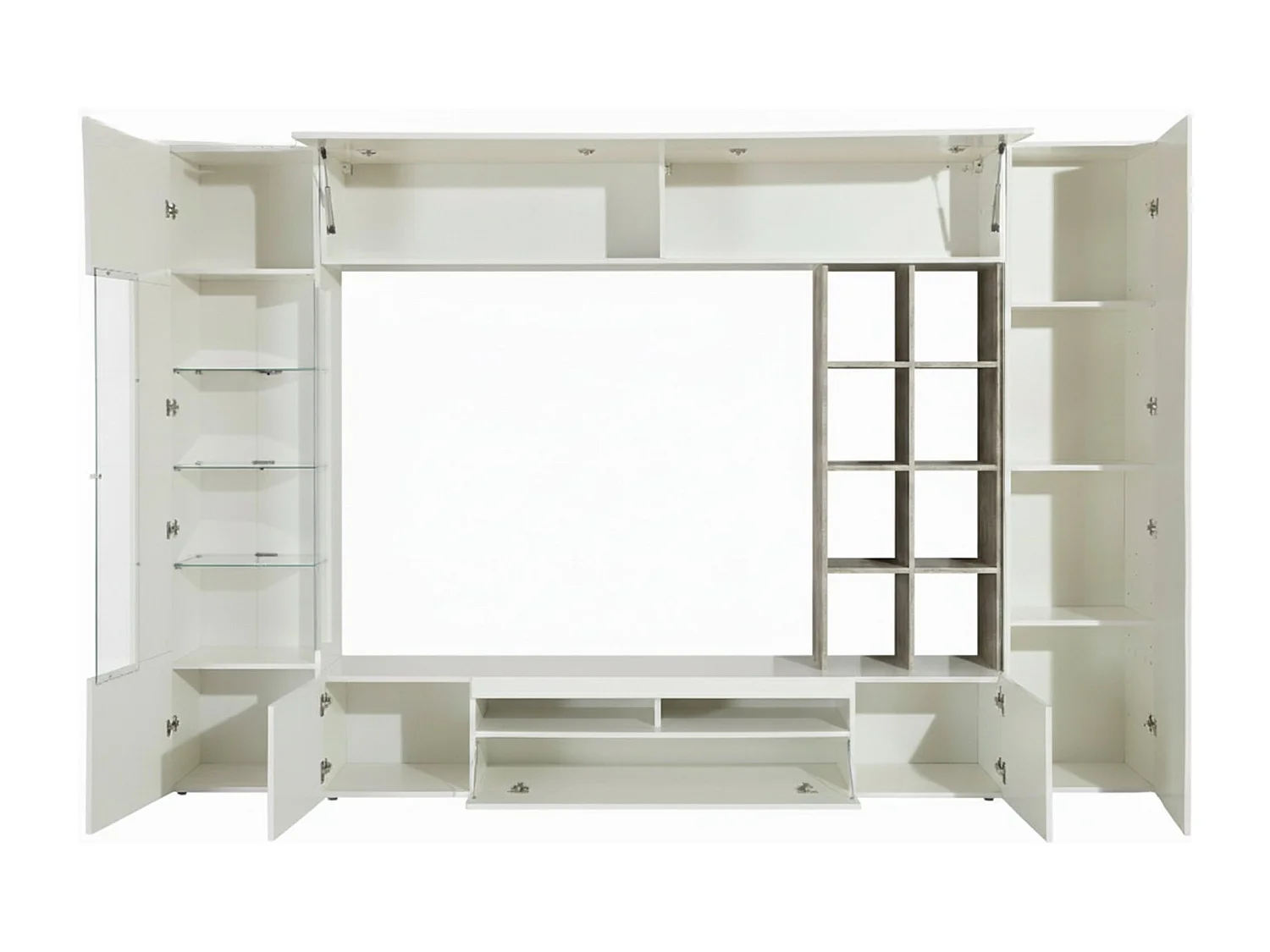 Parete attrezzata Iago, Set salotto porta TV, Mobile soggiorno multiuso, 100% Made in Italy, cm 290x40h192, Bianco lucido e Cemento