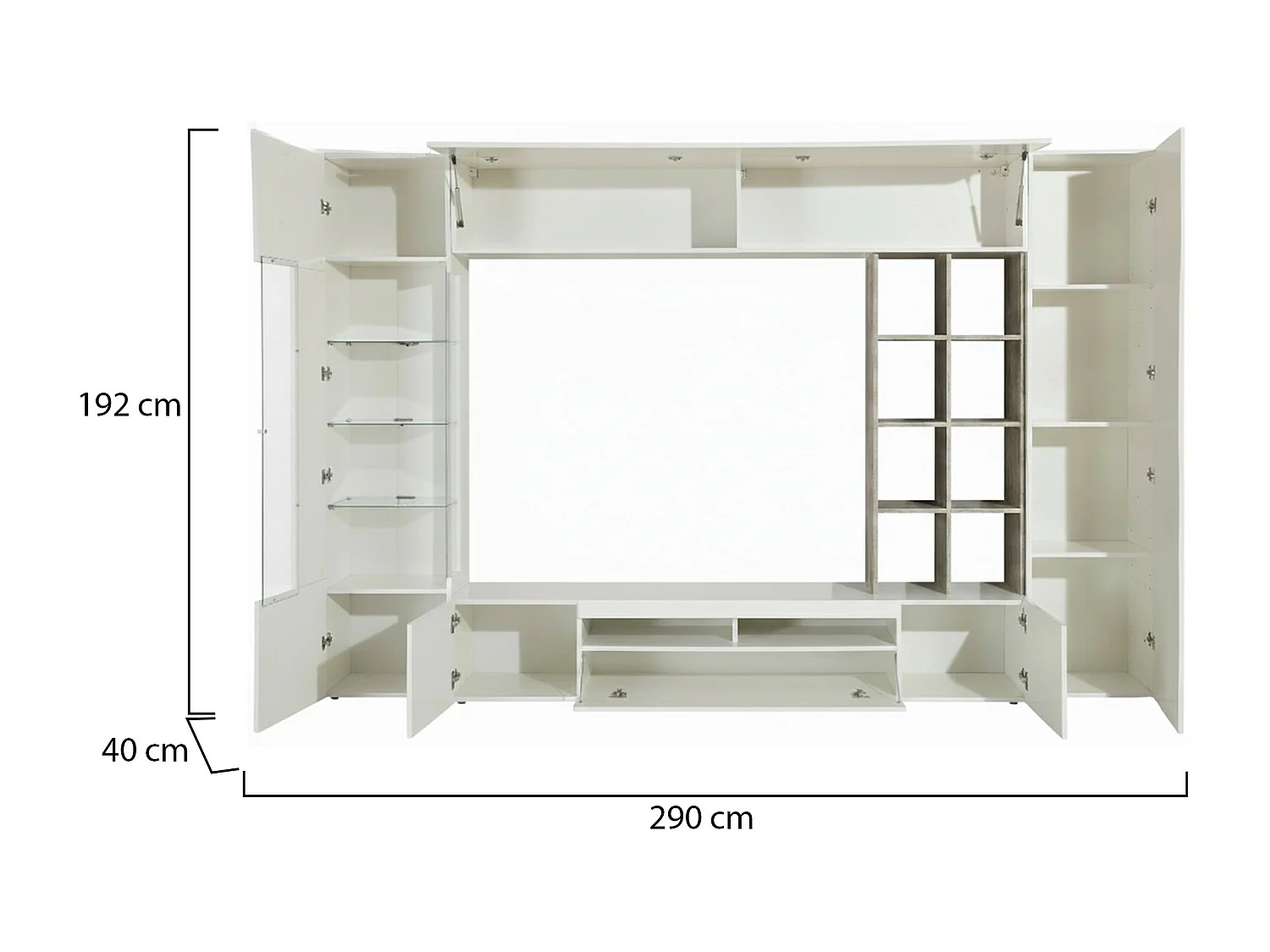 Parete attrezzata Iago, Set salotto porta TV, Mobile soggiorno multiuso, 100% Made in Italy, cm 290x40h192, Bianco lucido e Cemento