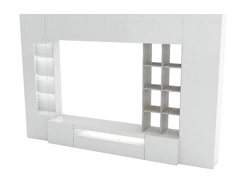 Pared Equipada Iago, Conjunto de salón con soporte TV, Mueble de salón polivalente, 100% Made in Italy, cm 290x40h192, Blanco brillo y Cemento