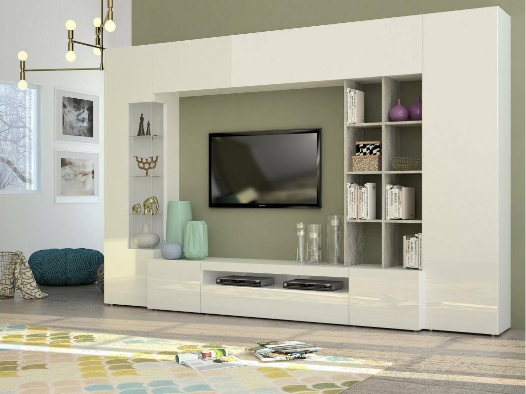 Pared Equipada Iago, Conjunto de salón con soporte TV, Mueble de salón polivalente, 100% Made in Italy, cm 290x40h192, Blanco brillo y Cemento