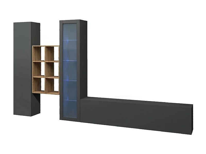 Parete attrezzata Eugenio, Set salotto porta TV a 3 ante, Mobile soggiorno multiuso con vetrina e luce LED, 100% Made in Italy, cm 320x30h180, Antracite