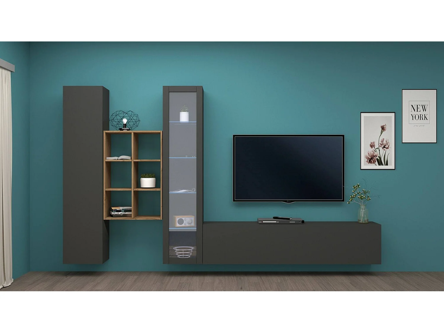 Dmora Wandmeubel Eugenio 30x320x180h cm Antraciet 15 Planken, Klapdeuren en Draaideuren, 3 Deuren Made in Italy