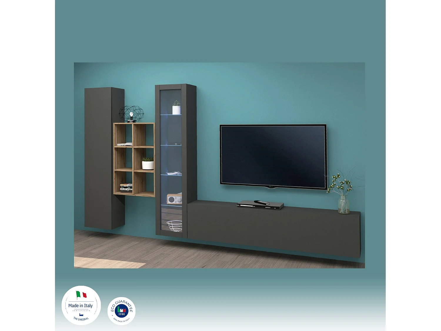 Dmora Parete Attrezzata Eugenio 30x320x180h cm Nero Antracite 15 Ripiani 3 Ante, Apertura Battente e a Ribalta Made in Italy