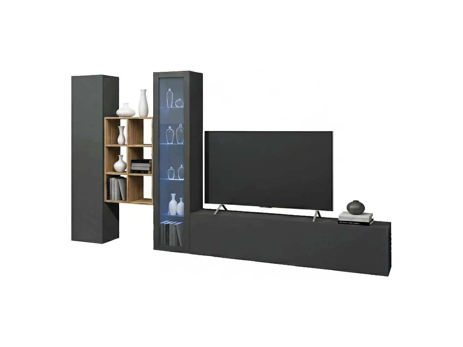 Système mural Eugenio, meuble TV 3 portes, Meuble de salon polyvalent avec vitrine et lumière LED, 100% Made in Italy, 320x30h180 cm, Anthracite