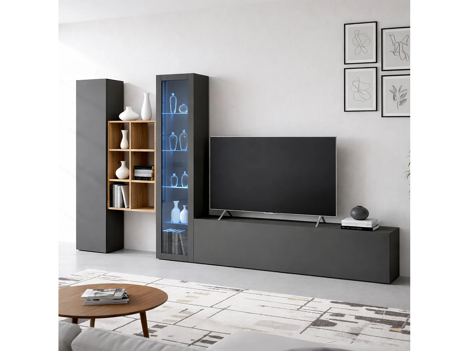 Système mural Eugenio, meuble TV 3 portes, Meuble de salon polyvalent avec vitrine et lumière LED, 100% Made in Italy, 320x30h180 cm, Anthracite