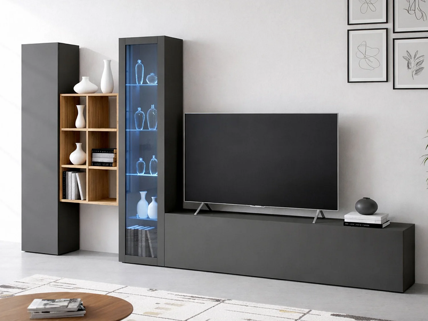 Système mural Eugenio, meuble TV 3 portes, Meuble de salon polyvalent avec vitrine et lumière LED, 100% Made in Italy, 320x30h180 cm, Anthracite