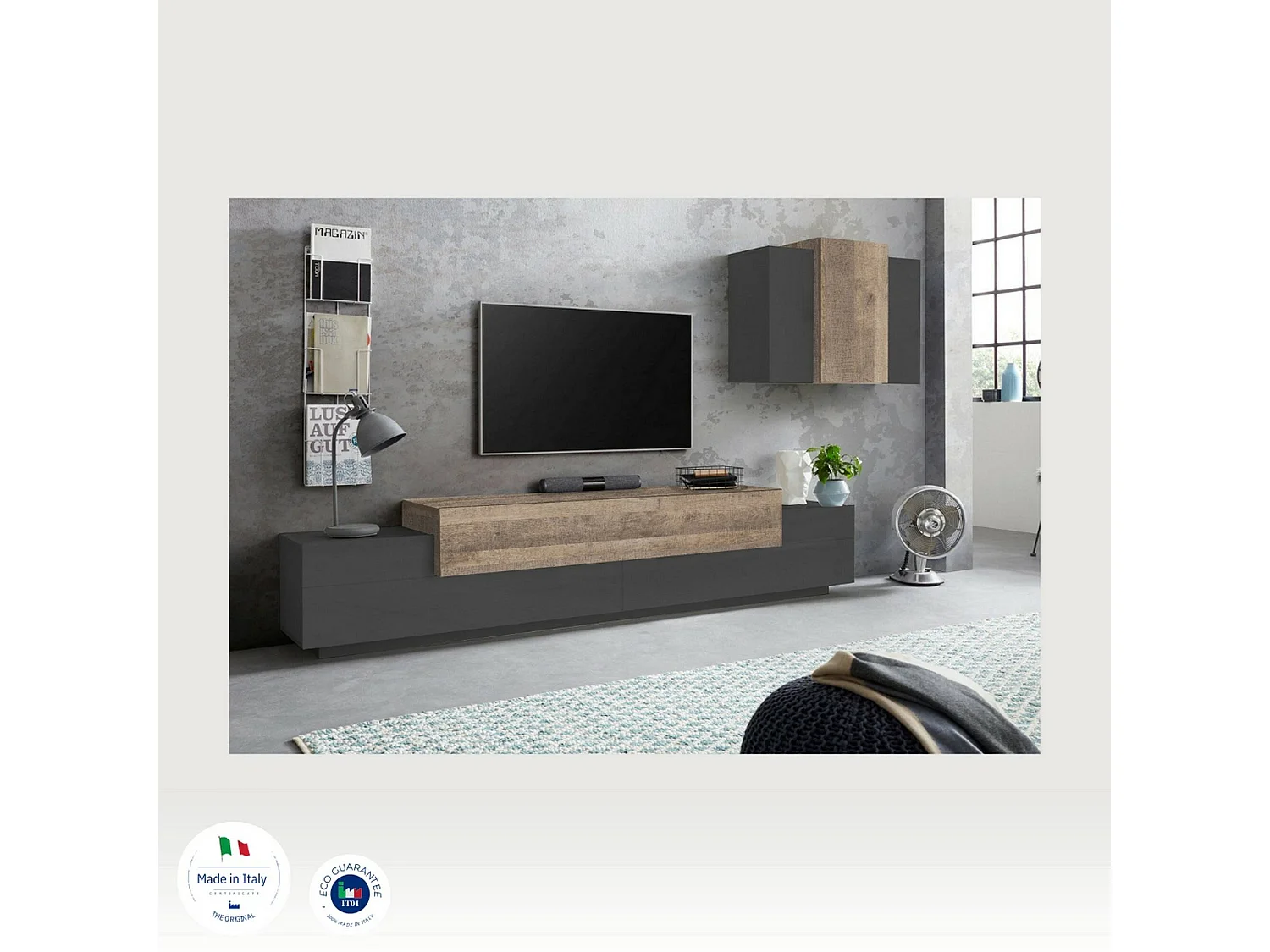 Élément mural Ruben, ensemble de salon meuble TV, meuble de salon polyvalent, 100% Made in Italy, 240x45h180 cm, Anthracite et Érable