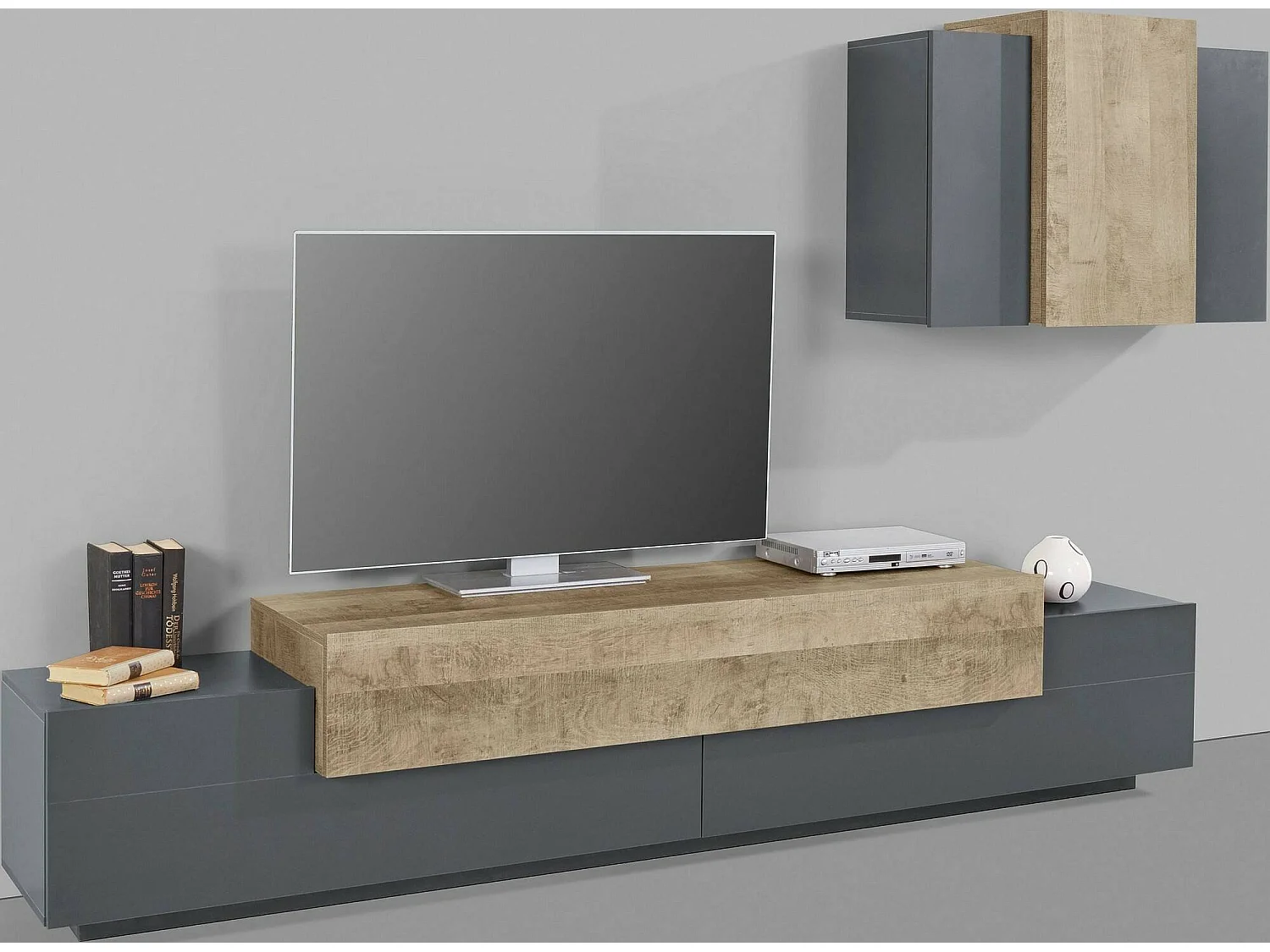 Ruben wandsysteem, TV-meubel woonkamerset, Multifunctioneel woonkamermeubilair, 100% Made in Italy, 240x45h180 cm, Antraciet en Esdoorn