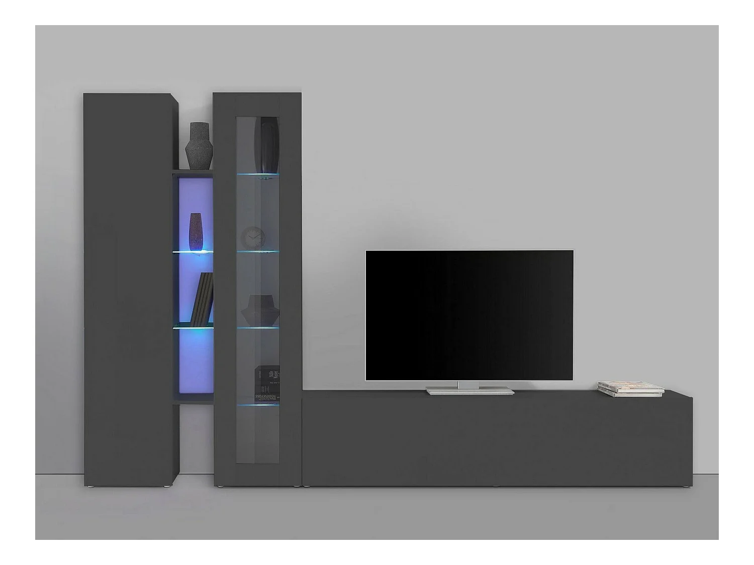 Élément mural Dimitri, meuble TV 3 portes, meuble de salon polyvalent avec vitrine et lumière LED, 100% Made in Italy, 280x30h180 cm, Anthracite