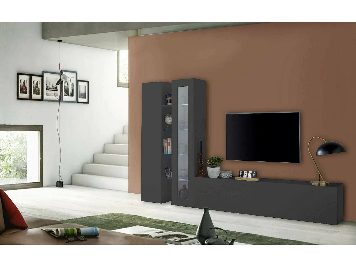 Parete attrezzata Dimitri, Set salotto porta TV a 3 ante, Mobile soggiorno multiuso con vetrina e luce LED, 100% Made in Italy, cm 280x30h180, Antracite