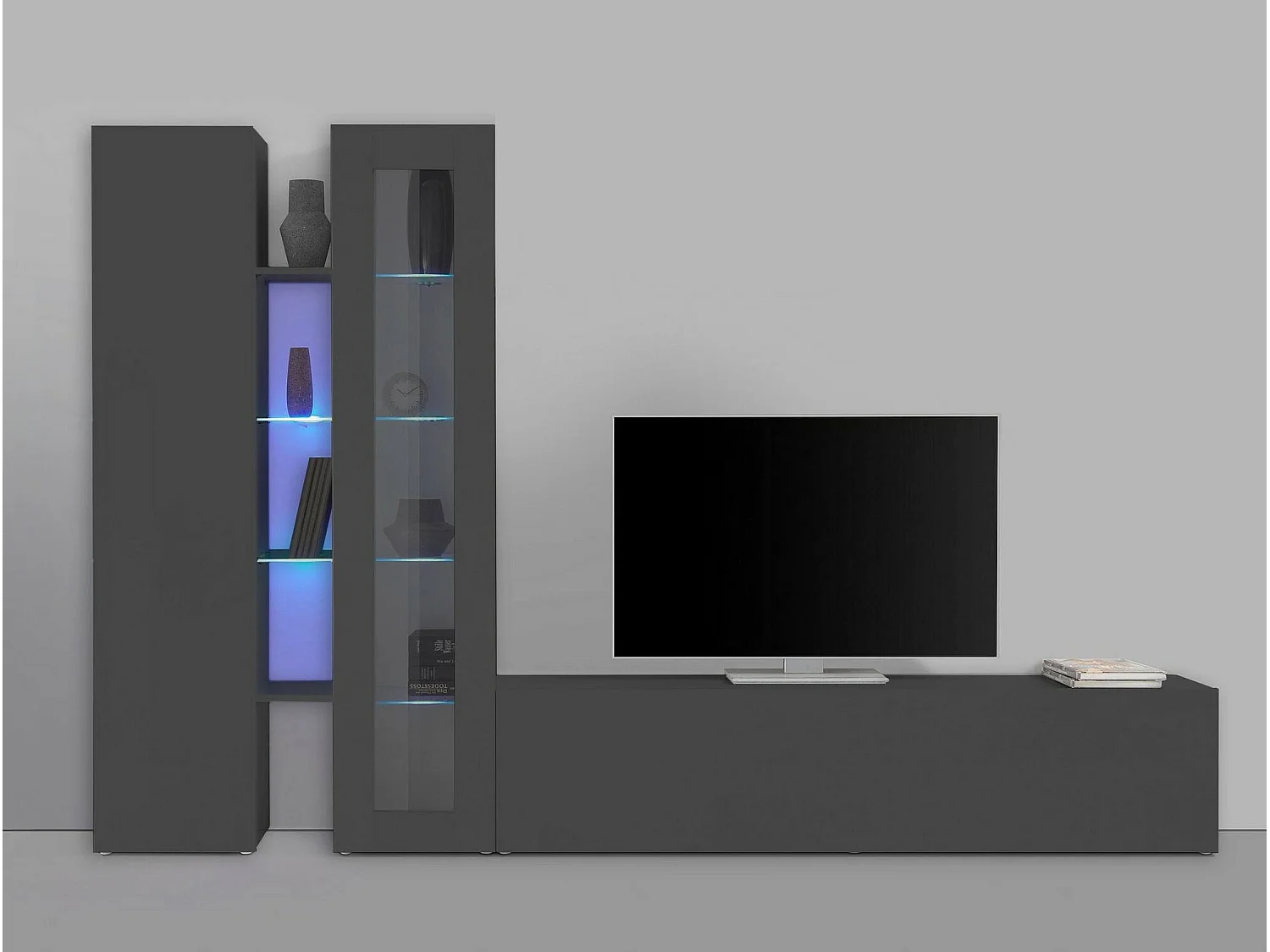 Élément mural Dimitri, meuble TV 3 portes, meuble de salon polyvalent avec vitrine et lumière LED, 100% Made in Italy, 280x30h180 cm, Anthracite