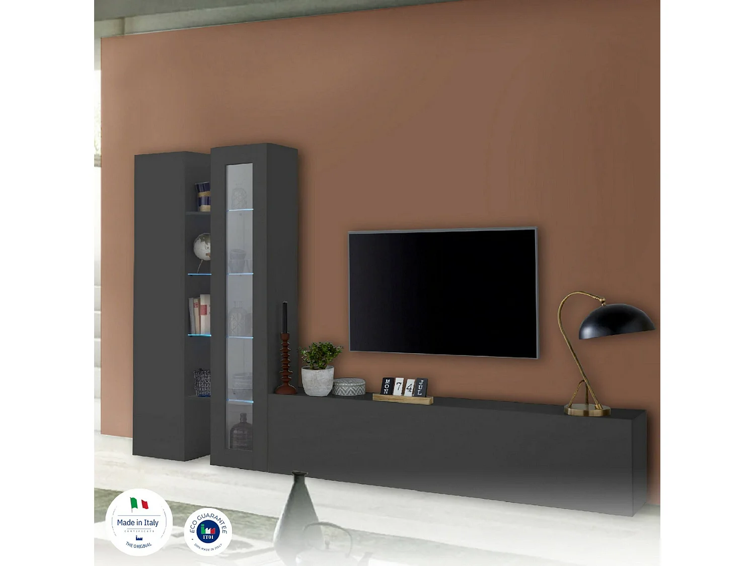 Dmora Wandmeubel Dimitri 30x280x180h cm Zwart Antraciet 13 Planken Scharnier- en Klapdeur, 3 Deuren Made in Italy