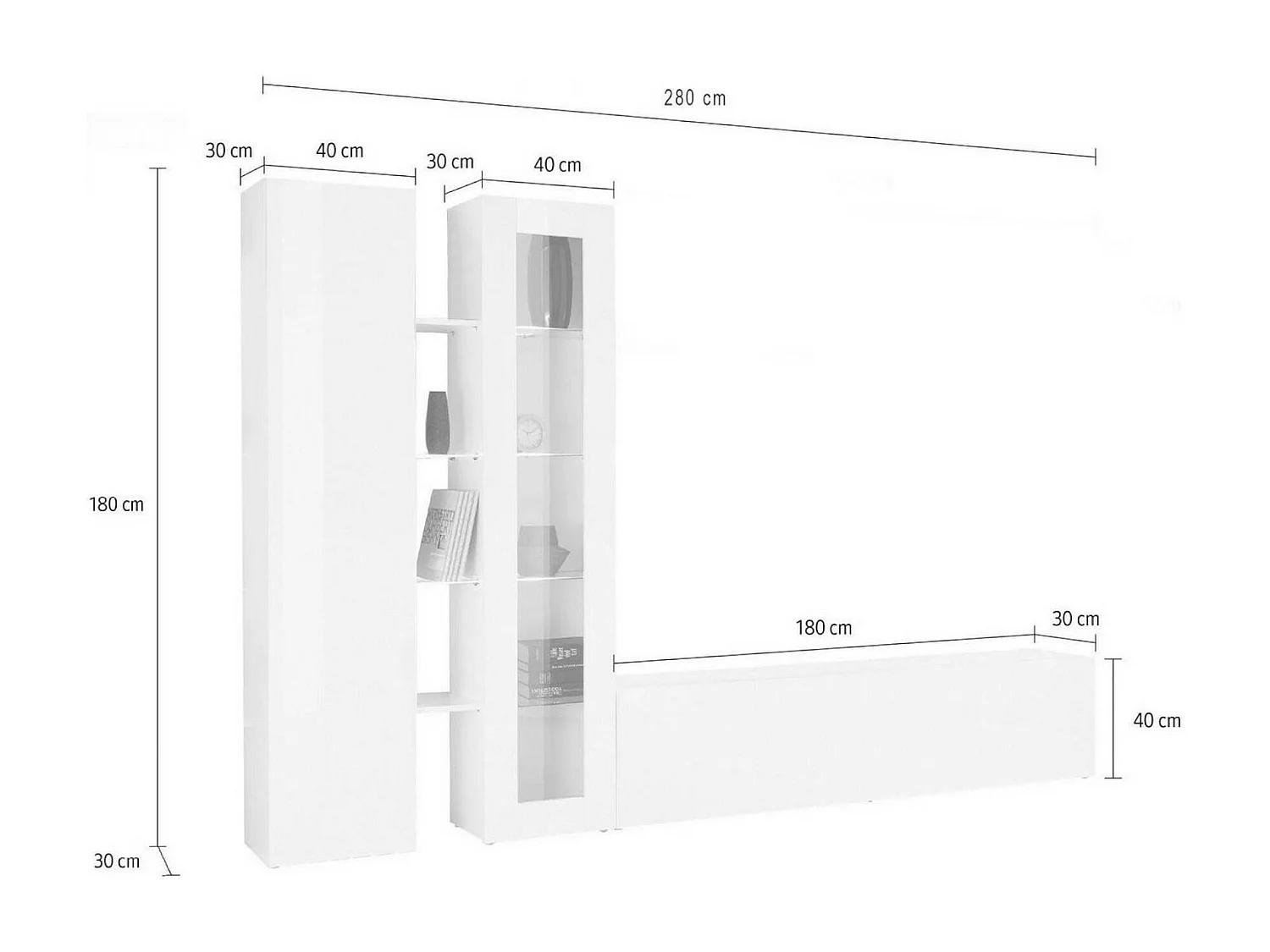 Élément mural Dimitri, meuble TV 3 portes, meuble de salon polyvalent avec vitrine et lumière LED, 100% Made in Italy, 280x30h180 cm, Anthracite