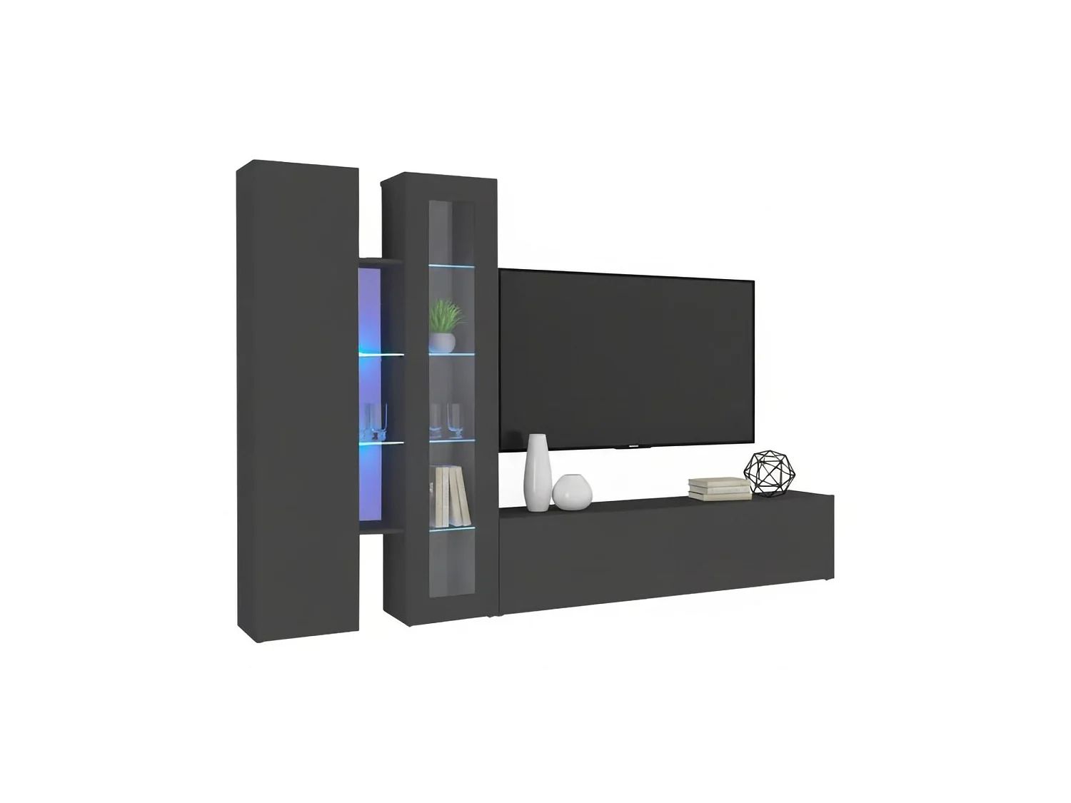 Pared Equipada Dimitri, Conjunto de alón Mueble de TV con 3 puerta, Mueble de alón polivalente con vitrina y luz LED, 100% Made in Italy, cm 280x30h180, Antracita