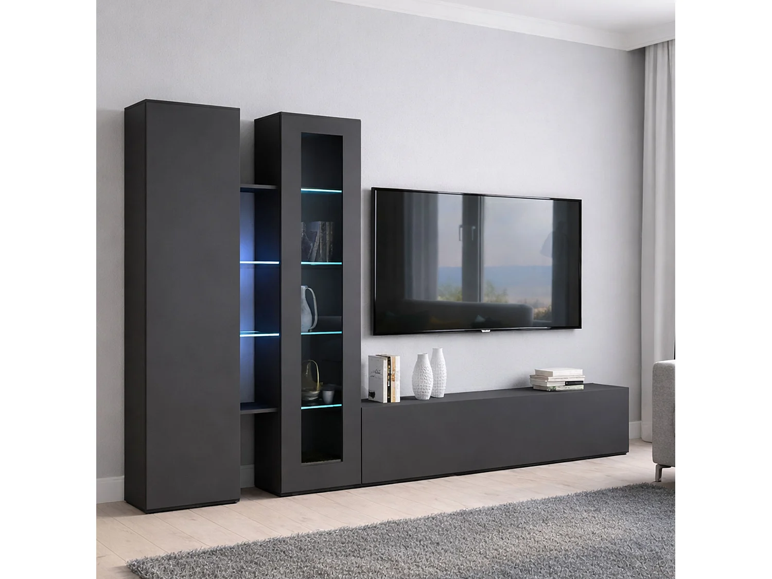 Pared Equipada Dimitri, Conjunto de alón Mueble de TV con 3 puerta, Mueble de alón polivalente con vitrina y luz LED, 100% Made in Italy, cm 280x30h180, Antracita