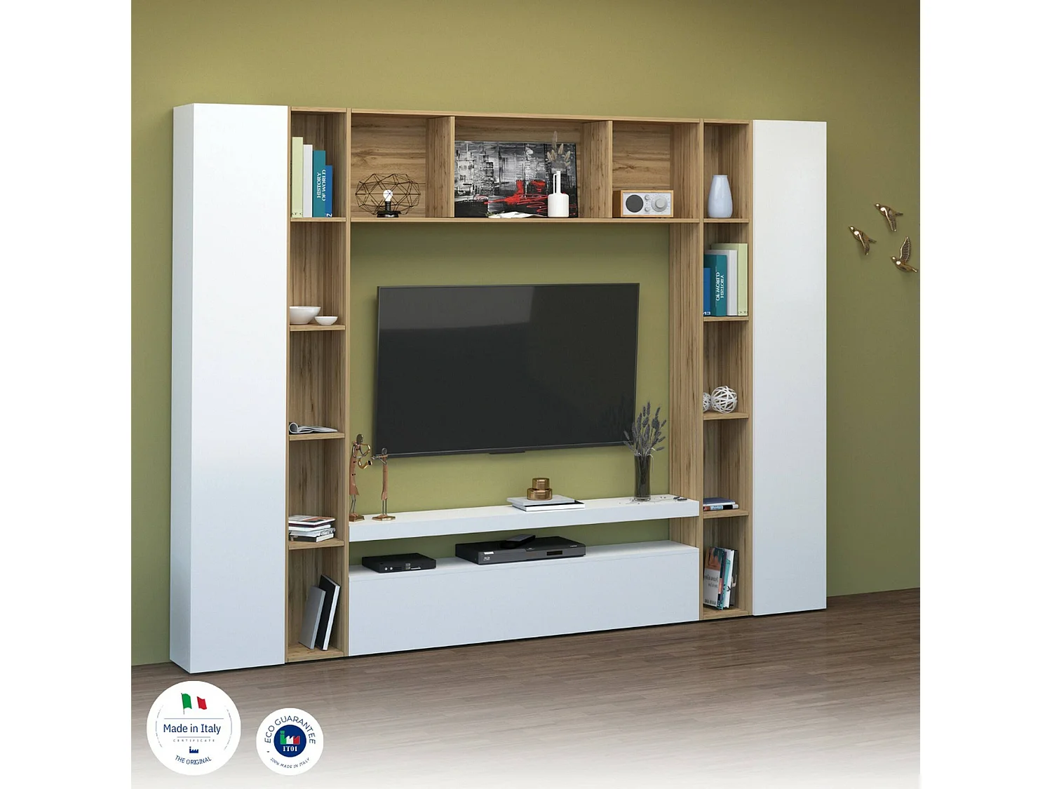 Élément mural Gilberto, meuble TV 3 portes, Meuble de salon polyvalent, 100% Made in Italy, 270x35h210 cm, Blanc brillant et chêne