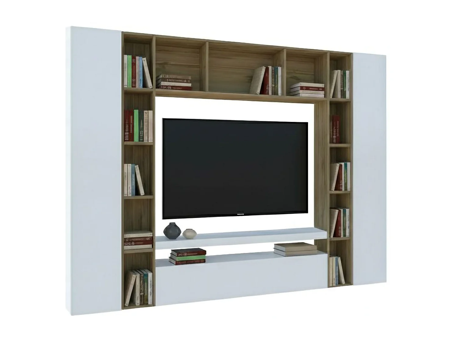 Pared Equipada Gilberto, Conjunto de salón Mueble TV con 3 puertas, Mueble de salón polivalente, 100% Made in Italy, cm 270x35h210, Blanco brillo y roble