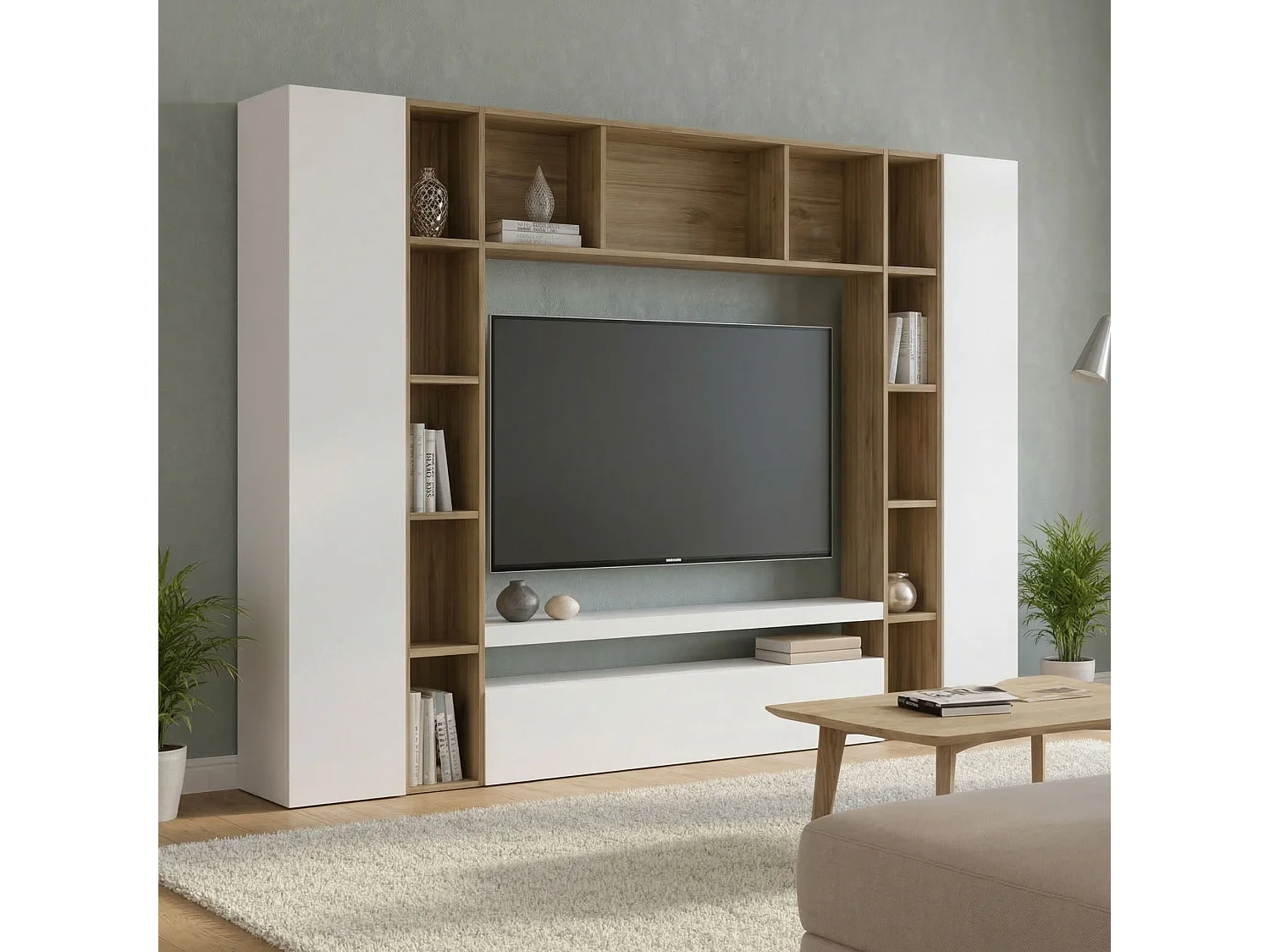 Pared Equipada Gilberto, Conjunto de salón Mueble TV con 3 puertas, Mueble de salón polivalente, 100% Made in Italy, cm 270x35h210, Blanco brillo y roble