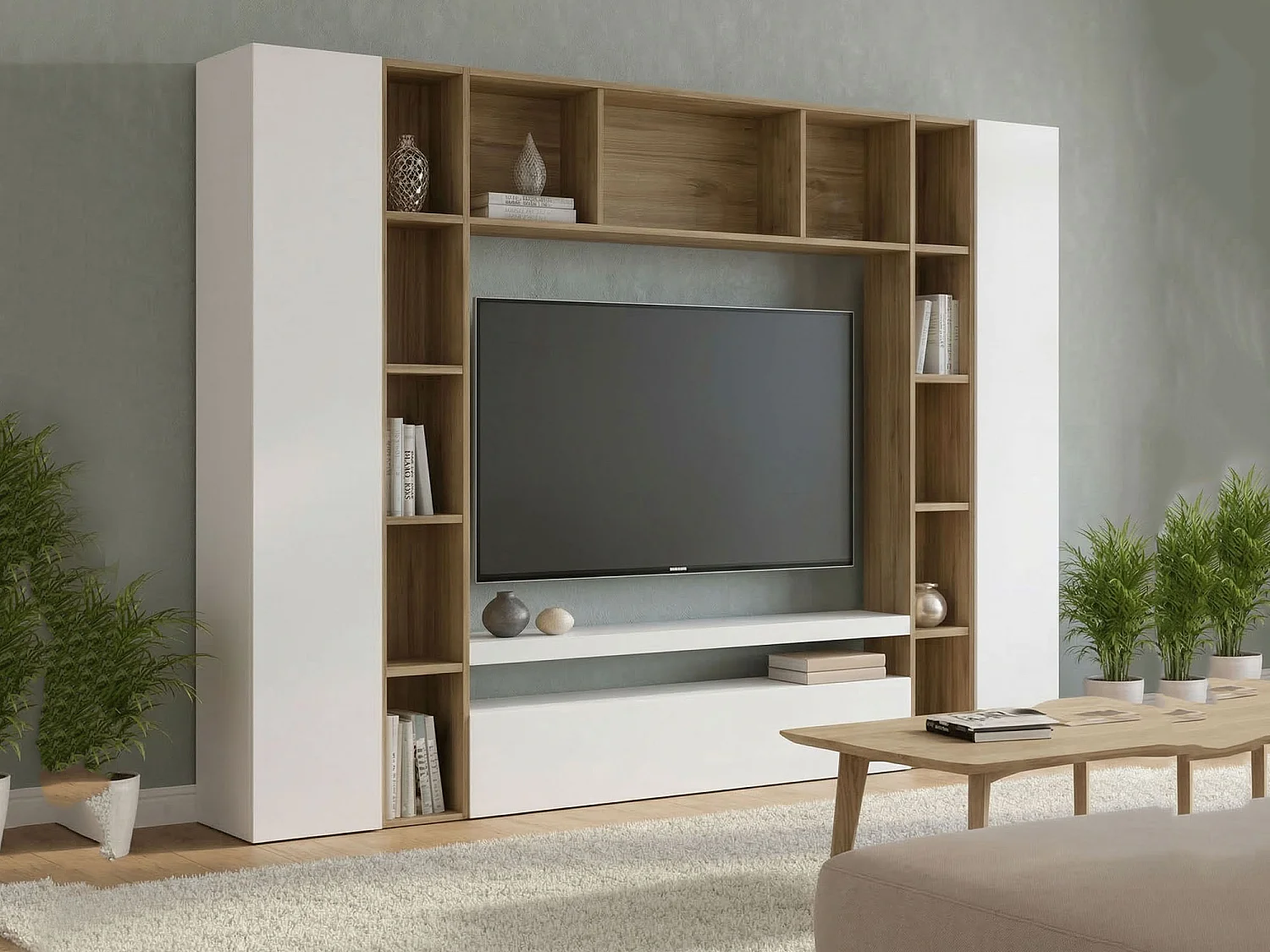 Pared Equipada Gilberto, Conjunto de salón Mueble TV con 3 puertas, Mueble de salón polivalente, 100% Made in Italy, cm 270x35h210, Blanco brillo y roble