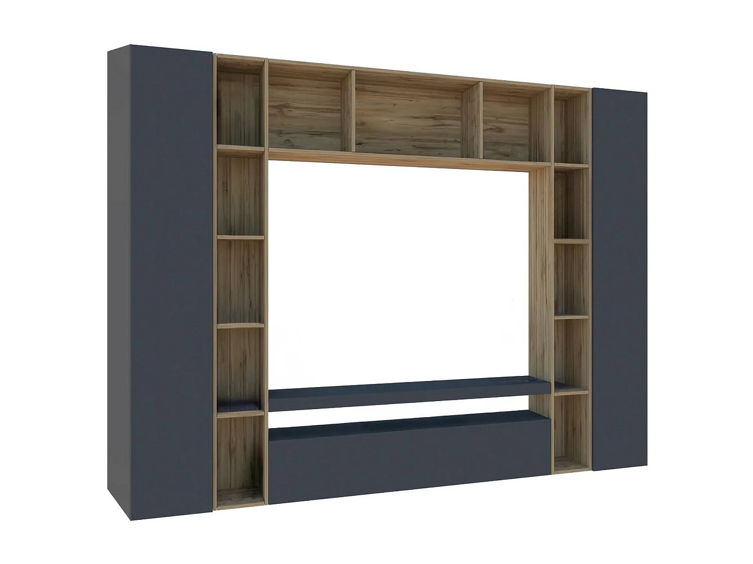 Parete attrezzata Gilberto, Set salotto porta TV a 3 ante, Mobile soggiorno multiuso, 100% Made in Italy, cm 270x35h210, Antracite e Rovere