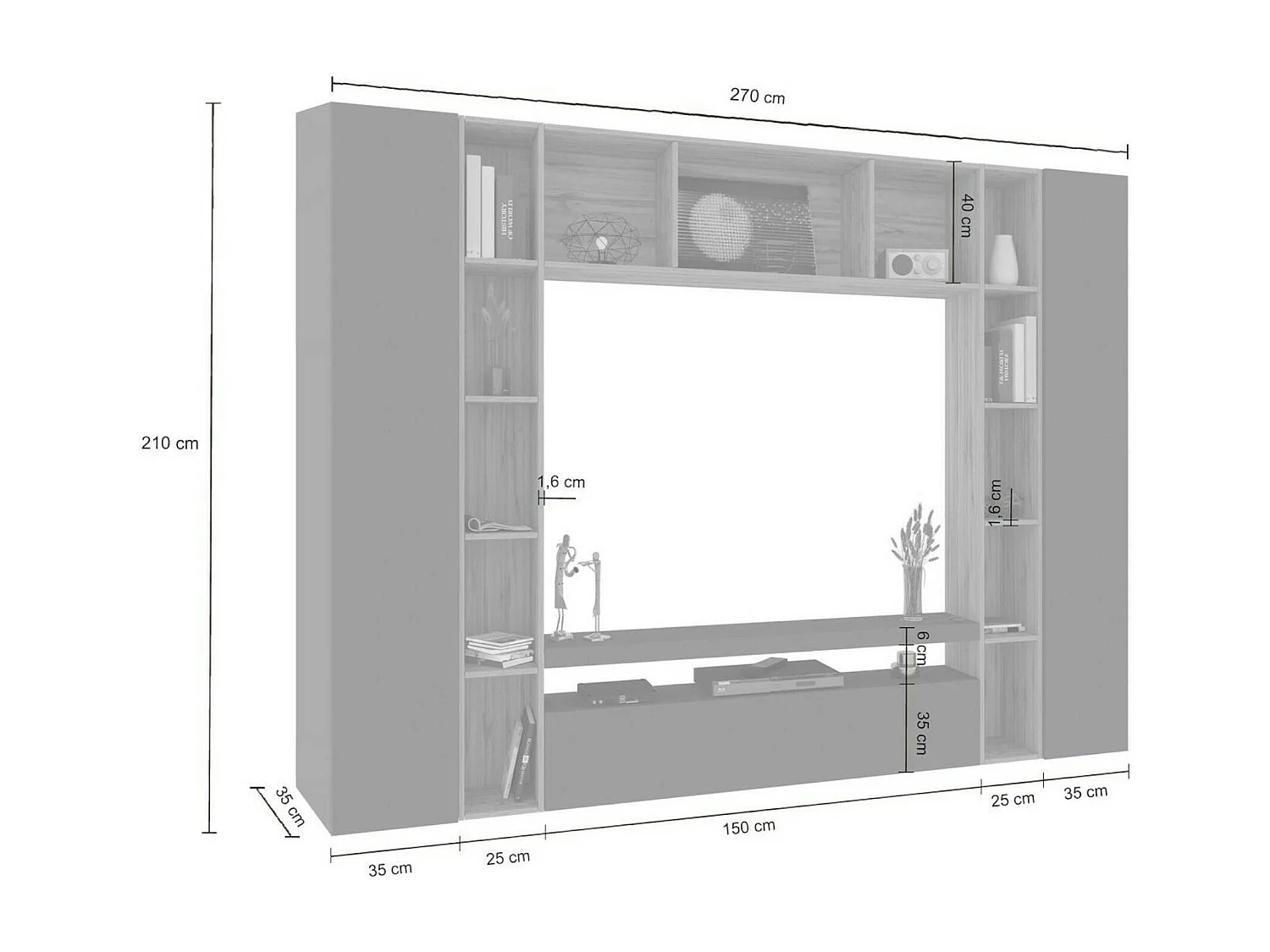 Wohnzimmermöbel Gilberto, Wohnzimmer-Set TV-Möbel mit 3 Türen, Mehrzweck-Wohnmöbel, 100% Made in Italy, cm 270x35h210, Anthrazit und Eiche