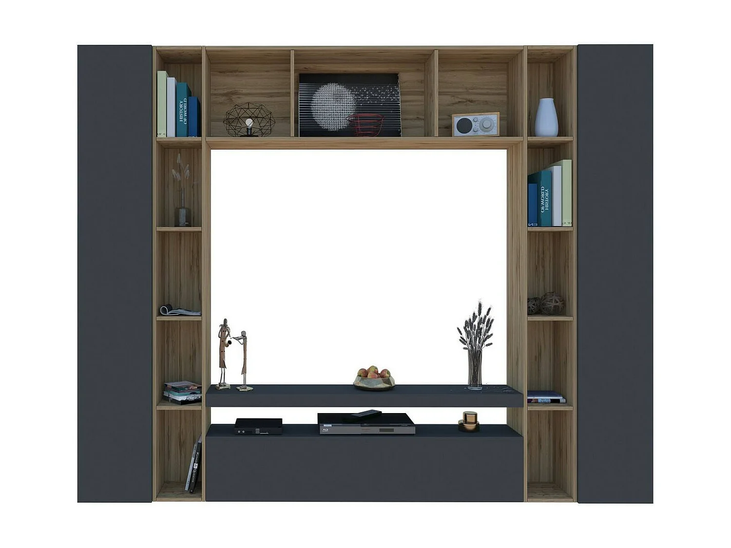 Gilberto wandsysteem, 3-deurs tv-meubel woonkamerset, multifunctioneel woonkamermeubilair, 100% Made in Italy, 270x35h210 cm, antraciet en eiken