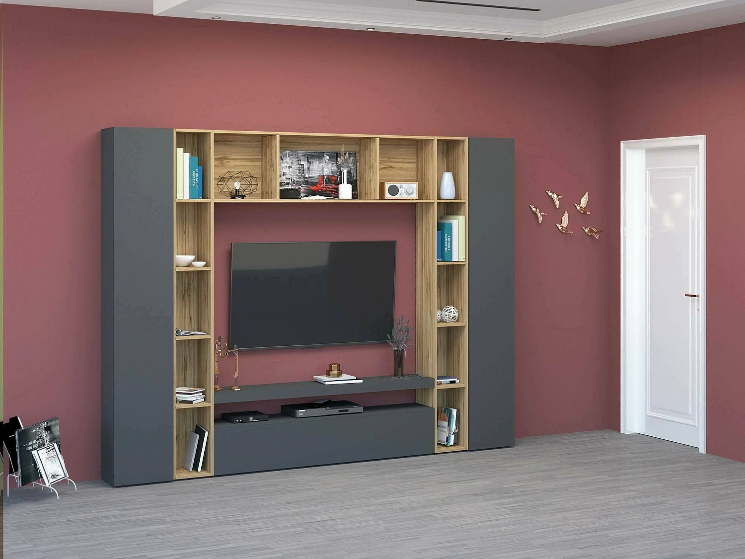 Sistema de parede Gilberto, conjunto de sala de TV com 3 portas, móveis de sala multiuso, 100% Fabricado na Itália, 270x35h210 cm, Antracite e Carvalho