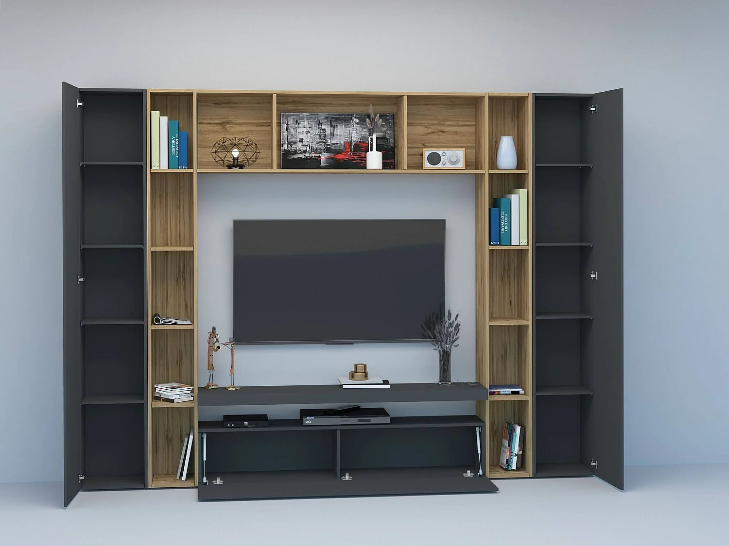 Dmora Wandmeubel Gilberto 35x270x210h cm Zwart Antraciet 19 Planken 26 Vakken, Deur- en Klepopeningen Made in Italy